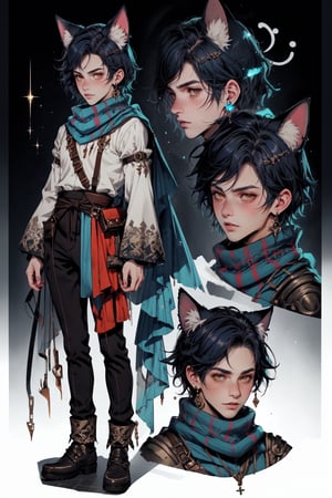  1 man, male face , short blue hair, furry ear, twink body, freckles face , kawaii ,perfect light , cat ear,fantasy clothing,wrenchftmfshn, wearing a long scarf,(CharacterSheet:1),(multiple views, full body, upper body, reference sheet:1)