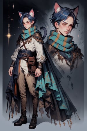  1 man, male face , short blue hair, furry ear, twink body, freckles face , kawaii ,perfect light , cat ear,fantasy clothing,wrenchftmfshn, wearing a long scarf,(CharacterSheet:1),(multiple views, full body, upper body, reference sheet:1)