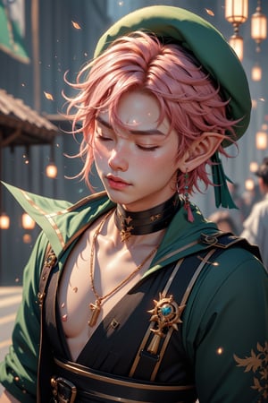 1 man, twink body, closed eyes,short pink hair, freckles face,   , kawaii  , elf ear ,A Asian man  , adorned with a sexy choker,wrenchftmfshn,fantasy clothing,Light particles  , ventidef, beret,venti (genshin impact) , harness, 