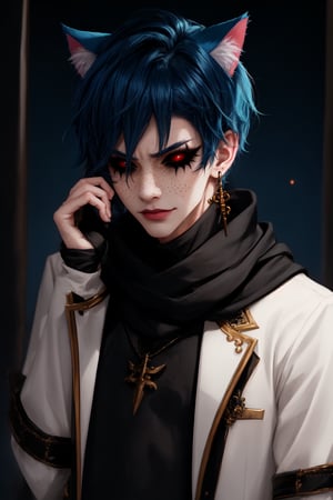  1 man, male face , short blue hair, furry ear, twink body, freckles face , kawaii ,perfect light , cat ear,fantasy clothing,wrenchftmfshn,Completely_black_eyes,dark_sclera,empty eyes,black sclera , intense smile, wearing a long scarf