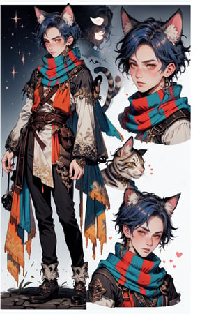  1 man, male face , short blue hair, furry ear, twink body, freckles face , kawaii ,perfect light , cat ear,fantasy clothing,wrenchftmfshn, wearing a long scarf,(CharacterSheet:1),(multiple views, full body, upper body, reference sheet:1)