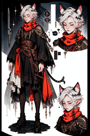  1 man, male face , short white hair, closed eyes, twink body, freckles face , kawaii ,perfect light , elf ear,stockings BREAK ,fantasy clothing,wrenchftmfshn   , wearing a big scarf,empty eyes,black sclera , cat ear,(CharacterSheet:1),(multiple views, full body, upper body, reference sheet:1)