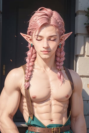  1 man, male face , braid pink hair, twink body, freckles face, makeup eyes,closed eyes  , kawaii ,perfect light , elf ear,fantasy clothing,wrenchftmfshn