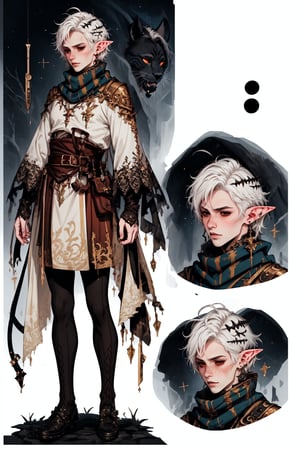  1 man, male face , short white hair, twink body, freckles face , kawaii ,perfect light , elf ear,stockings BREAK ,fantasy clothing,wrenchftmfshn   , wearing a big scarf,empty eyes,black sclera , cat ear,(CharacterSheet:1),(multiple views, full body, upper body, reference sheet:1)