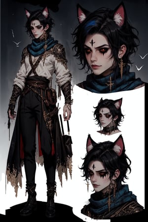  1 man, male face , short blue hair, furry ear, twink body, freckles face , kawaii ,perfect light , cat ear,fantasy clothing,wrenchftmfshn,Completely_black_eyes,dark_sclera,empty eyes,black sclera , intense smile, wearing a long scarf,(CharacterSheet:1),(multiple views, full body, upper body, reference sheet:1)