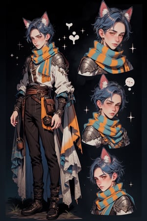  1 man, male face , short blue hair, furry ear, twink body, freckles face , kawaii ,perfect light , cat ear,fantasy clothing,wrenchftmfshn, wearing a long scarf,(CharacterSheet:1),(multiple views, full body, upper body, reference sheet:1)