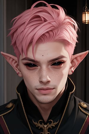  1 man, male face , short pink hair, twink body, freckles face , kawaii ,perfect light , elf ear,fantasy clothing,wrenchftmfshn,Completely_black_eyes,dark_sclera,empty eyes,black sclera , intense smile,