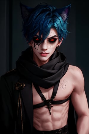  1 man, male face , short blue hair, furry ear, twink body, freckles face , kawaii ,perfect light , cat ear,fantasy clothing,wrenchftmfshn,Completely_black_eyes,dark_sclera,empty eyes,black sclera , intense smile, wearing a long scarf