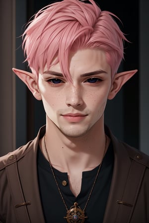  1 man, male face , short pink hair, twink body, freckles face , kawaii ,perfect light , elf ear,fantasy clothing,wrenchftmfshn,Completely_black_eyes,dark_sclera,empty eyes,black sclera , intense smile,