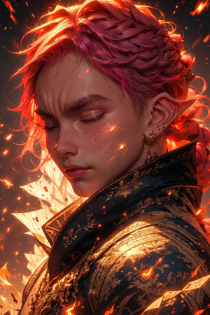  1 man, male face , braid pink hair, twink body, freckles face, ,closed eyes  , kawaii ,perfect light , elf ear,fantasy clothing,wrenchftmfshn,Light particles and spark,r1ge