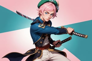  1 man, male face , braid pink hair, perfect male body posing with swords in hand, freckles face  , blue eyes  , kawaii ,ventidef, beret,venti (genshin impact),battoujutsu,