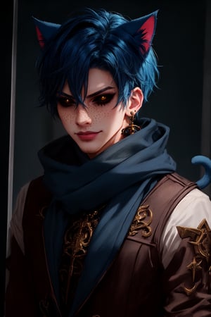  1 man, male face , short blue hair, furry ear, twink body, freckles face , kawaii ,perfect light , cat ear,fantasy clothing,wrenchftmfshn,Completely_black_eyes,dark_sclera,empty eyes,black sclera , intense smile, wearing a long scarf