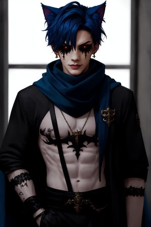  1 man, male face , short blue hair, furry ear, twink body, freckles face , kawaii ,perfect light , cat ear,fantasy clothing,wrenchftmfshn,Completely_black_eyes,dark_sclera,empty eyes,black sclera , intense smile, wearing a long scarf