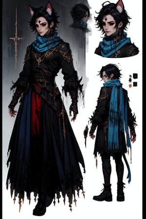  1 man, male face , short blue hair, furry ear, twink body, freckles face , kawaii ,perfect light , cat ear,fantasy clothing,wrenchftmfshn,Completely_black_eyes,dark_sclera,empty eyes,black sclera , intense smile, wearing a long scarf,(CharacterSheet:1),(multiple views, full body, upper body, reference sheet:1)