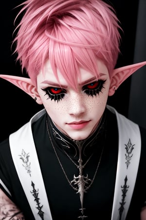  1 man, male face , short pink hair, twink body, freckles face , kawaii ,perfect light , elf ear,fantasy clothing,wrenchftmfshn,Completely_black_eyes,dark_sclera,empty eyes,black sclera , intense smile