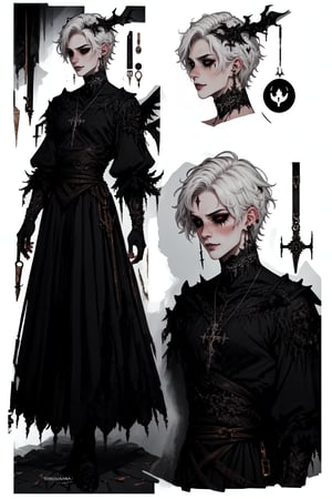  1 man, male face , short white hair, furry ear, twink body, freckles face , kawaii ,perfect light ,fantasy clothing,wrenchftmfshn,Completely_black_eyes,dark_sclera,empty eyes,black sclera , intense smile,(CharacterSheet:1),(multiple views, full body, upper body, reference sheet:1)