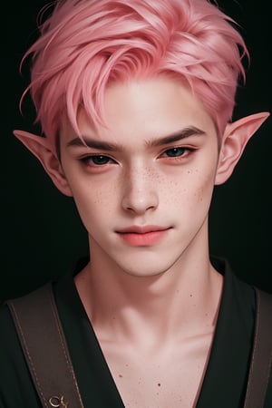  1 man, male face , short pink hair, twink body, freckles face , kawaii ,perfect light , elf ear,fantasy clothing,wrenchftmfshn,Completely_black_eyes,dark_sclera,empty eyes,black sclera , intense smile,