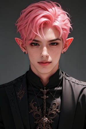  1 man, male face , short pink hair, twink body, freckles face , kawaii ,perfect light , elf ear,fantasy clothing,wrenchftmfshn,Completely_black_eyes,dark_sclera,empty eyes,black sclera , intense smile,