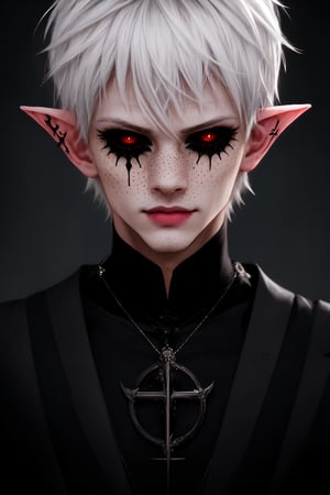  1 man, male face , short white hair, twink body, freckles face , kawaii ,perfect light , elf ear,fantasy clothing,wrenchftmfshn,Completely_black_eyes,dark_sclera,empty eyes,black sclera , intense smile