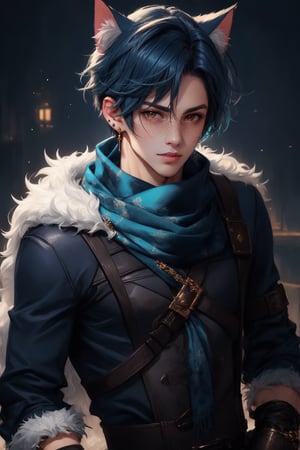  1 man, male face , short blue hair, furry ear, twink body, freckles face , kawaii ,perfect light , cat ear,fantasy clothing,wrenchftmfshn, wearing a long scarf