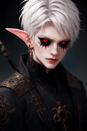  1 man, male face , short white hair, twink body, freckles face , kawaii ,perfect light , elf ear,fantasy clothing,wrenchftmfshn,Completely_black_eyes,dark_sclera,empty eyes,black sclera , intense smile