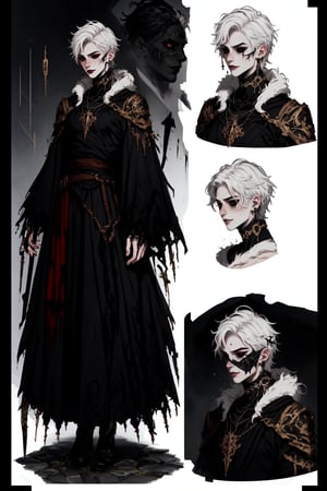  1 man, male face , short white hair, furry ear, twink body, freckles face , kawaii ,perfect light ,fantasy clothing,wrenchftmfshn,Completely_black_eyes,dark_sclera,empty eyes,black sclera , intense smile,(CharacterSheet:1),(multiple views, full body, upper body, reference sheet:1)