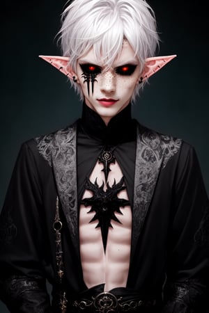  1 man, male face , short white hair, twink body, freckles face , kawaii ,perfect light , elf ear,fantasy clothing,wrenchftmfshn,Completely_black_eyes,dark_sclera,empty eyes,black sclera , intense smile