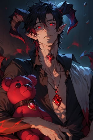 A boy with black horns, pointy ears, and messy black hair is holding a red teddy bear. He wears a dark shirt with a necklace that has a glowing red gem. His skin is pale, and his eyes are glowing red too. The background is dark,more detail XL,Eyes,Beautiful eyes