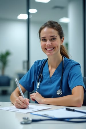 Nurse in scrubs seated at a desk in a clinic, writing patient notes, modern medical office setting, bright overhead lighting creating a calm and professional atmosphere, stethoscope placed on the table, mid-shot framing capturing the workspace and expression.