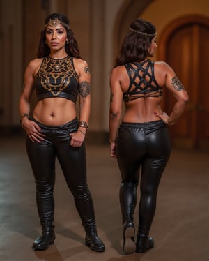 Full figure Photo of a brunette Indian Queen posing in two views, one from her front and and other from her back, showing her dominance, her tight leather joggers and satin top of black jaguar theme, shows her muscular abs, she wears a small tiara of black diamond stone, and other black and gold themed ornaments on her powerfull elegant arms, Her black leather heel boots asserts her dominance.
The queen's attire embroidered with gold.
Blurred back ground that matches theme, provide a guess of naturally lit medieval castle room.