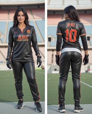 A photo of a powerful Indian woman athlete in a sports jersey. She wears a leather sport jersey, leather drawstring joggers, knuckle gloves and branded sport shoes. The background is empty stadium. Her name ARI, number 10, and her sponsers name printed on jersey and the drawings joggers. The photo is taken from two angles, one showing her from the front and the other showing her from back.