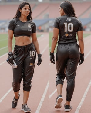 A photo of a powerful Indian woman athlete in a sports jersey. She wears a leather sport jersey, leather drawstring joggers, knuckle gloves and branded sport shoes. The background is empty stadium. Her name ARI, number 10, and her sponsers name printed on jersey and the drawings joggers. The photo is taken from two angles, one showing her from the front and the other showing her from back.