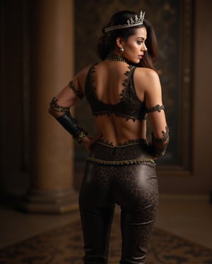 Full figure back shot Photo of brunette Indian Queen posing to show her busty buttocks and looking back, her tight leather joggers and satin top of black jaguar theme, shows her muscular abs, she wears a small tiara of black diamond stone, and other black and gold themed ornaments on her powerfull elegant arms, Her black leather heel boots asserts her dominance.
The queen's attire embroidered with gold.
Blurred back ground that matches theme, provide a guess of naturally lit medieval castle room.