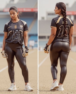 A photo of a powerful Indian woman athlete in a sports jersey. She wears a leather sport jersey, leather joggers, knuckle gloves and branded sport shoes. The background is empty stadium. Her name ARI, number 10, and her sponsers name printed on jersey and the joggers. The photo is taken from two angles, one showing her from the front and the other showing her from back.