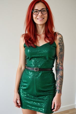 Full-body Photograph of a 30yo European woman with very long vibrant red wavy hair.
She has a cute round face, wears glasses and smiles.
She wears a tight fitted elegant short shoulder-free green sequin sheaths dress that clings to her slender body. 
Her left arm is covered in a tattoo sleeve that shows vines in intense vibrant colors and Details. 