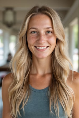 A 30yo woman with very long light blonde hair.
She has a cute round face with freckles and smiles.
She is wearing a tight fitting sleeveless top made from polyester and elastan. 