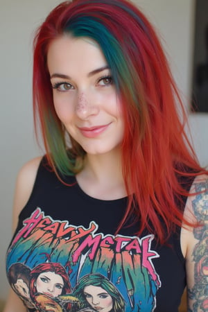 A close-up photo of Jana, a 30yo Su1c1de_G1rls woman from Germany with very long intense vibrant colored rainbow hair. She has a cute round face with freckles and smiles. She wears a tight fitted sleeveless top showing a colorful heavy metal Album cover art made from smooth stretch fabric. On her right arm and shoulder a large colorful dragon is tattooed.