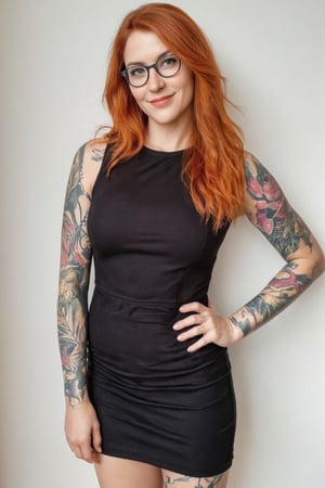 Full-body Photograph of a 30yo European woman with very long vibrant red wavy hair.
She has a cute round face, wears glasses and smiles.
She wears a tight fitted elegant short sheaths dress that clings to her slender body. 
Her left arm is covered in a tattoo sleeve that shows vines in intense vibrant colors and Details. 