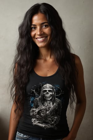 A 40yo Brazilian metalhead with very long hair.
She has a cute round face with freckles and smiles.
She is wearing a tight fitting sleeveless black top made from smooth stretch fabric showing an iron maiden print . 