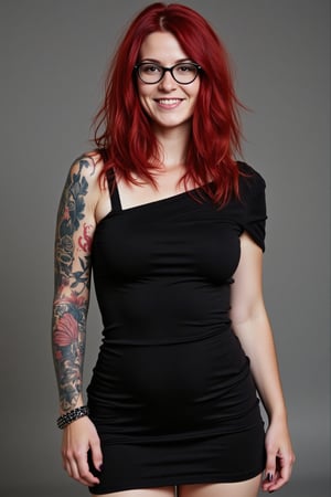 Full-body Photograph of a 30yo European woman with very long vibrant intense crimson red wavy hair.
She has a cute round face, wears glasses and smiles.
She wears a tight fitted elegant short asymmetrical oneside off-shoulder gothic dress that clings to her slender body. 
Her left arm is covered in a tattoo sleeve that shows vines in intense vibrant colors and Details. 