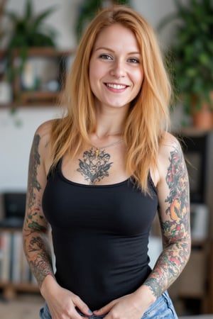 Close-up photograph of a 30yo T4tt00_G1rl woman with very long wavy and curly blonde hair falling down over her shoulders. The woman has a cute round face with freckles and smiles. The woman is wearing a skin-tight fitted black t-shirt made from smooth stretch fabric. The womans arms and neck are covered in traditional colored full-sleeve tattoo of dragons and flowers. She is standing in an apartment with plants and book shelves.