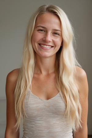 A 30yo woman with very long light blonde hair.
She has a cute round face with freckles and smiles.
She is wearing a tight fitting sleeveless top made from polyester and elastan. 