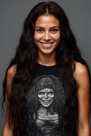 A 40yo Brazilian metalhead with very long hair.
She has a cute round face with freckles and smiles.
She is wearing a tight fitting sleeveless black top made from smooth stretch fabric showing an iron maiden print . 