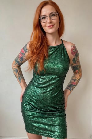 Full-body Photograph of a 30yo European woman with very long vibrant red wavy hair.
She has a cute round face, wears glasses and smiles.
She wears a tight fitted elegant short shoulder-free green sequin sheaths dress that clings to her slender body. 
Her left arm is covered in a tattoo sleeve that shows vines in intense vibrant colors and Details. 