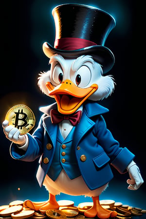 A playful and dynamic image of Scrooge McDuck from DuckTales reimagined in a Pixar movie style. Scrooge stands proudly in his iconic blue coat and top hat, holding a shiny gold Bitcoin in his hand, with a mischievous yet satisfied grin on his face. His feathers are finely textured, and his spectacles glint in the soft light. Behind him is his famous vault, filled with piles of gold coins and treasures, reflecting the warm, golden glow of the Bitcoin. The background has a rich, atmospheric feel, with soft lighting and colorful hues that give the scene a whimsical, Pixar-like charm, blending wealth and modern technology.