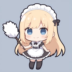 1girl, girl, solo, (blonde hair,) long hair, (bangs), blue eyes, solo, black thigh socks, smile, maid costume, holding a duster, (chibi,), blush,,, simple white background,