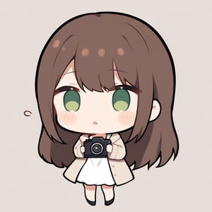 1girl, girl, solo, (brown hair,) long hair, (bangs), green eyes, beige coat, white sundress, black heels, (chibi,), blush,, holding camera, simple white background,