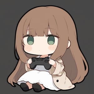 1girl, girl, solo,  (brown hair,) long hair, green eyes, (bangs), beige coat, white sundress, black heels (chibi,), blush,, sitting, holding game controller, black headphones, simple white background,