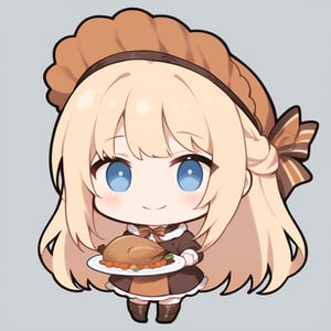 1girl, girl, solo, (blonde hair,) long hair, (bangs), blue eyes, solo, smile, thanksgiving outfit, brown boots,, holding a plate, (chibi,), blush,,, simple white background,