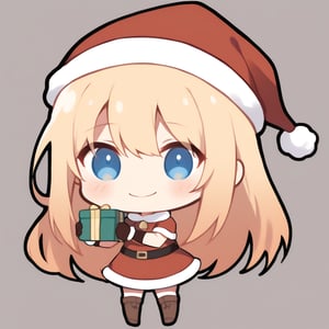 1girl, girl, solo, (blonde hair,) long hair, (bangs), blue eyes, solo, smile, santa outfit, brown boots, holding greem gift, (chibi,), blush,,, simple white background,